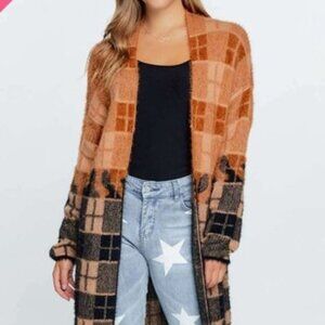 DAVI & DANI Longline Plaid Cardigan Rust & Black Open Front Cozy Check Sweater